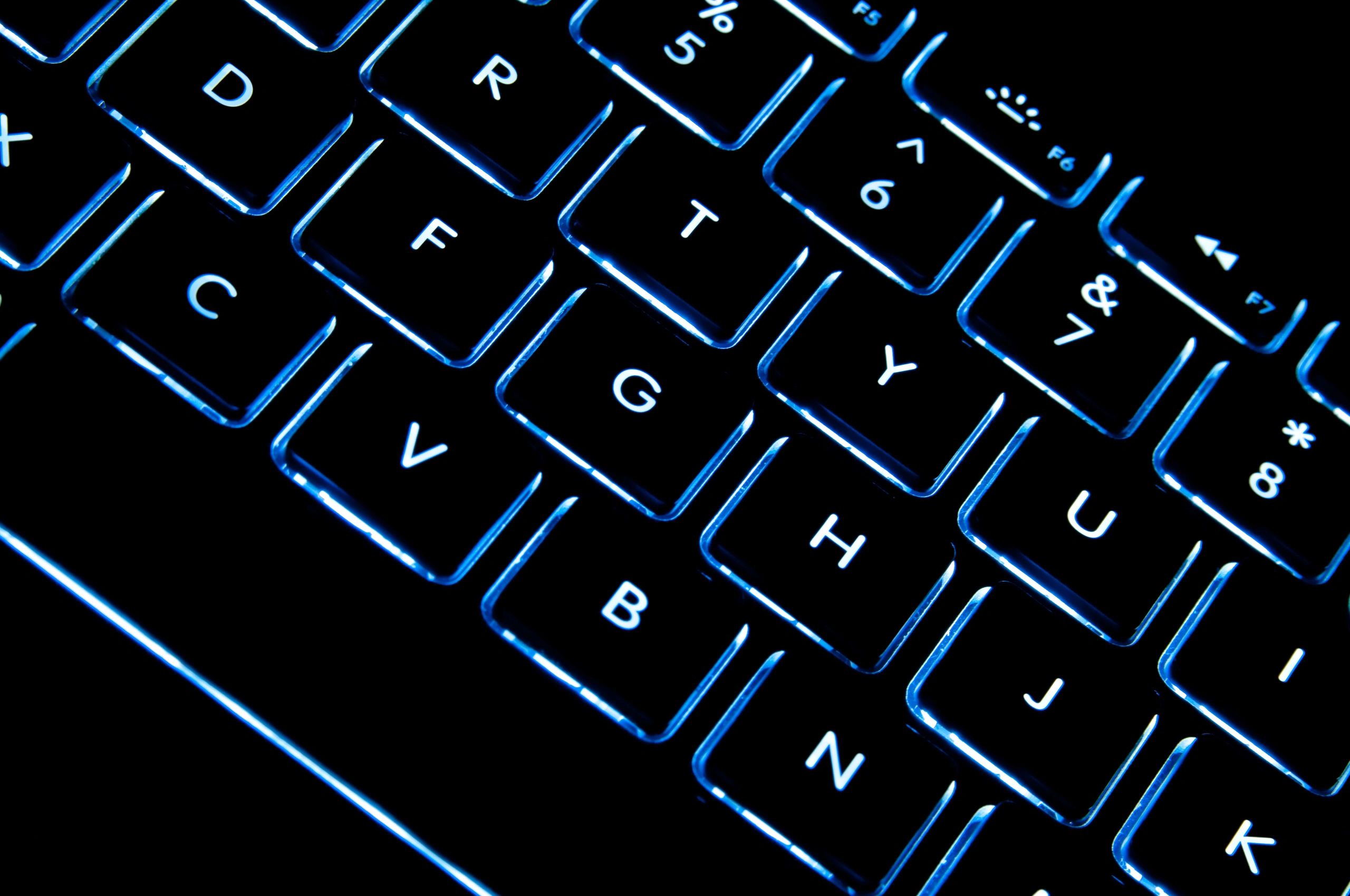 Blue illuminated keyboard from above