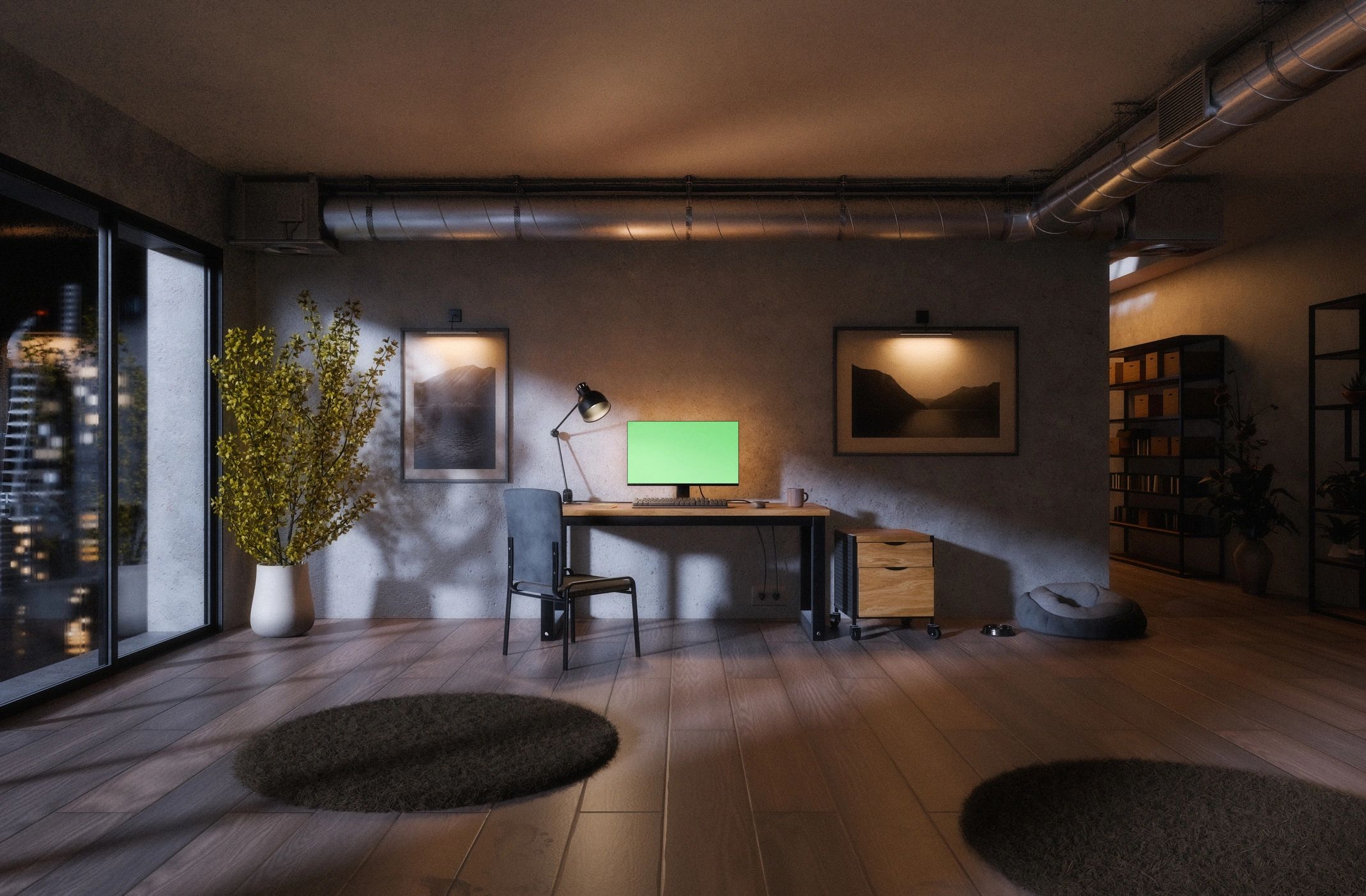 Minimalist workstation with monitor and plants